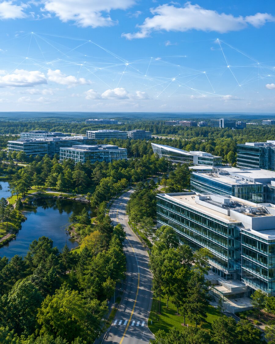 Aerial view of the Research Triangle Park corporate campus