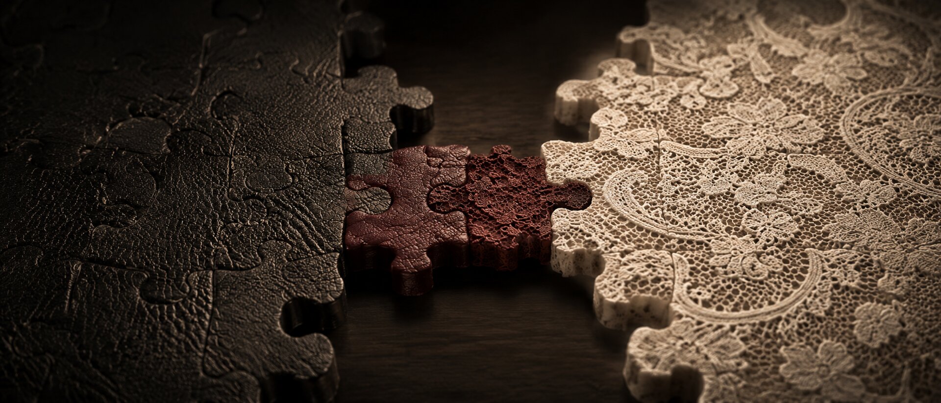 Two puzzle pieces, one dark and one gold, fitting together