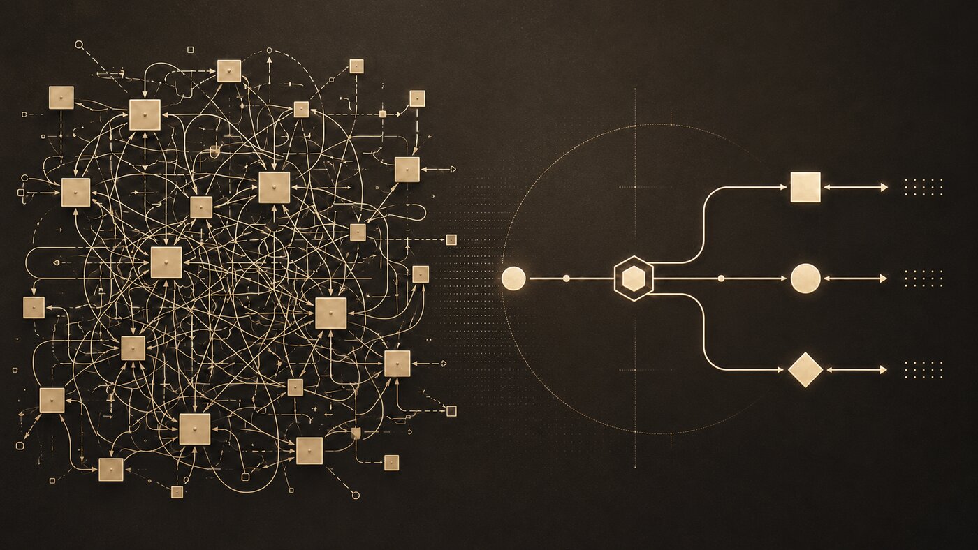 Chaotic tangled code on the left, clean deliberate structure on the right
